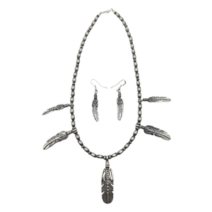Native American Necklaces & Pendants - Navajo Feather Teardrop Sterling Silver Necklace Set -