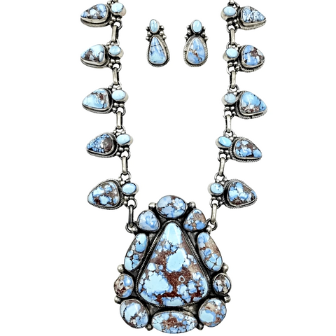 Image of Native American Necklaces & Pendants - Navajo Golden Hills Turquoise Emblem Squash Blossom Set