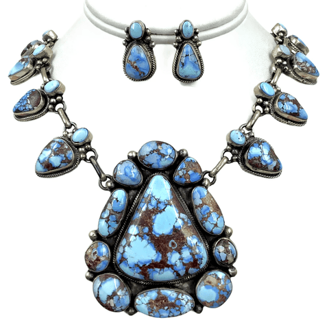 Image of Native American Necklaces & Pendants - Navajo Golden Hills Turquoise Emblem Squash Blossom Set