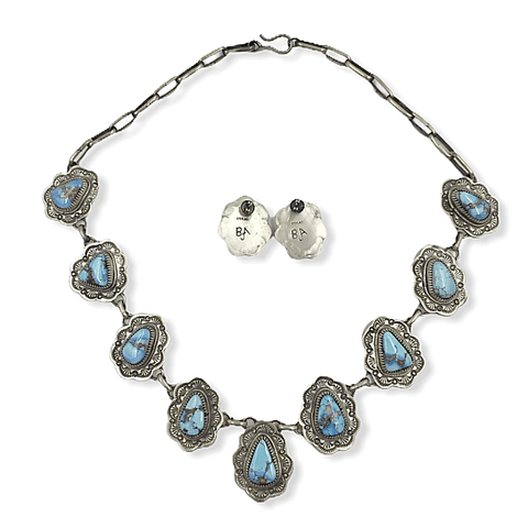 Image of Native American Necklaces & Pendants - Navajo Golden Hills Turquoise Necklace Set -Stamped Setting
