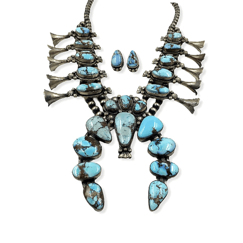 Image of Native American Necklaces & Pendants - Navajo Golden Hills Turquoise Squash Blossom Necklace