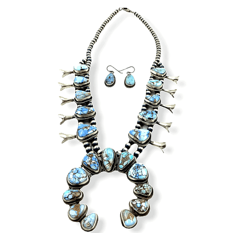Image of Native American Necklaces & Pendants - Navajo Golden Hills Turquoise Squash Blossom Necklace Set -Spencer