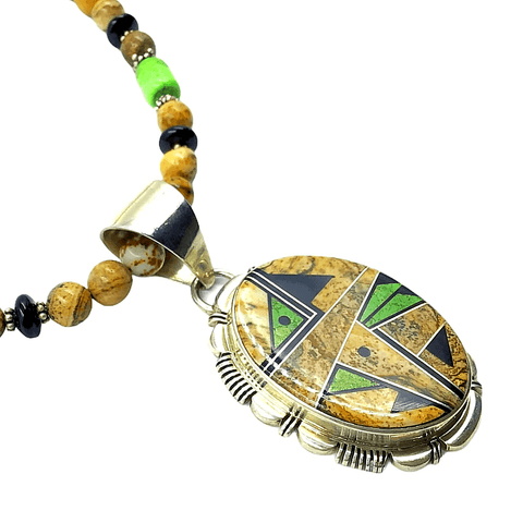 Image of Native American Necklaces & Pendants - Navajo Inlay Picture Jasper/ Gaspeite/ Onyx Necklace
