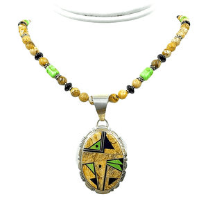 Native American Necklaces & Pendants - Navajo Inlay Picture Jasper/ Gaspeite/ Onyx Necklace