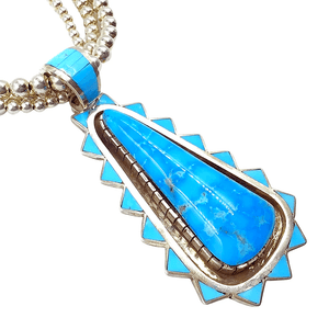 Native American Necklaces & Pendants - Navajo Kingman & Sleeping Beauty Turquoise Inlay Teardrop Necklace  - Merle House
