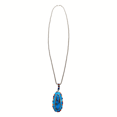 Image of Native American Necklaces & Pendants - Navajo Kingman & Sleeping Beauty Turquoise Multi Stone Inlay Teardrop Necklace  - Merle House