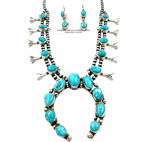 Image of Native American Necklaces & Pendants - Navajo Kingman Teal Teardrop And Oval Squash Blossom Set - Ella Peters