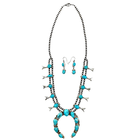 Image of Native American Necklaces & Pendants - Navajo Kingman Teal Teardrop And Oval Squash Blossom Set - Ella Peters