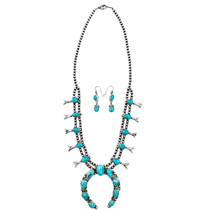 Native American Necklaces & Pendants - Navajo Kingman Teal Teardrop And Oval Squash Blossom Set - Ella Peters