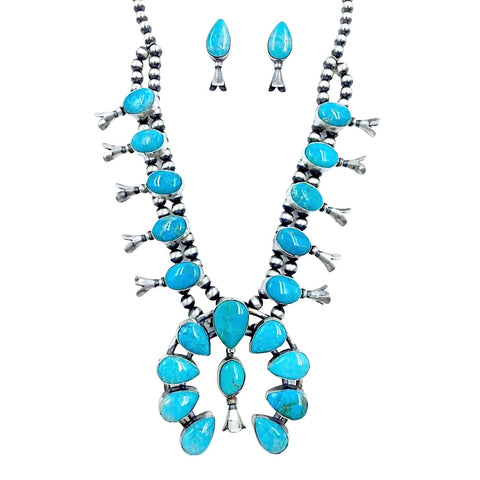 Image of Native American Necklaces & Pendants - Navajo Kingman Turquoise Dangle Squash Blossom Set - Lewis Silversmith - Native American