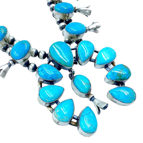 Image of Native American Necklaces & Pendants - Navajo Kingman Turquoise Dangle Squash Blossom Set - Lewis Silversmith - Native American