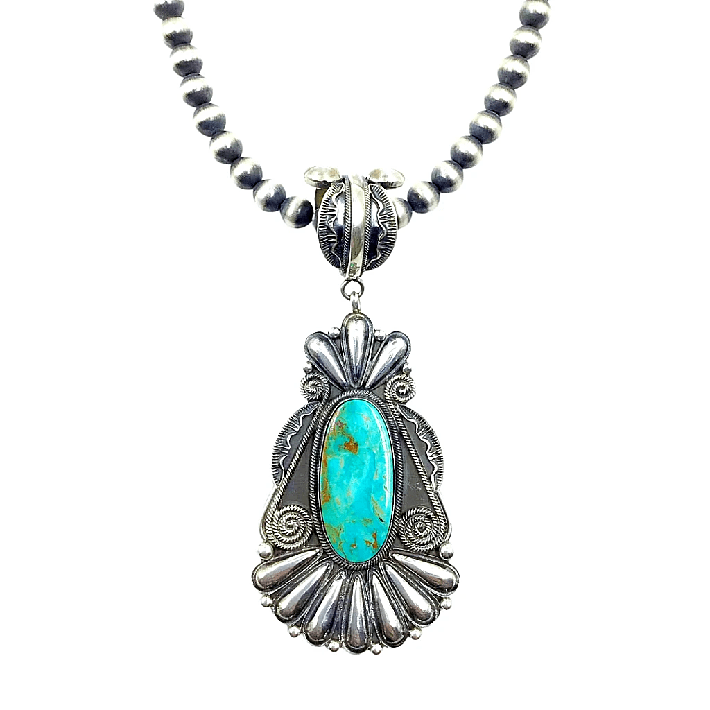 Navajo Turquoise and Silver Beaded Necklace with Feather Design c. 196