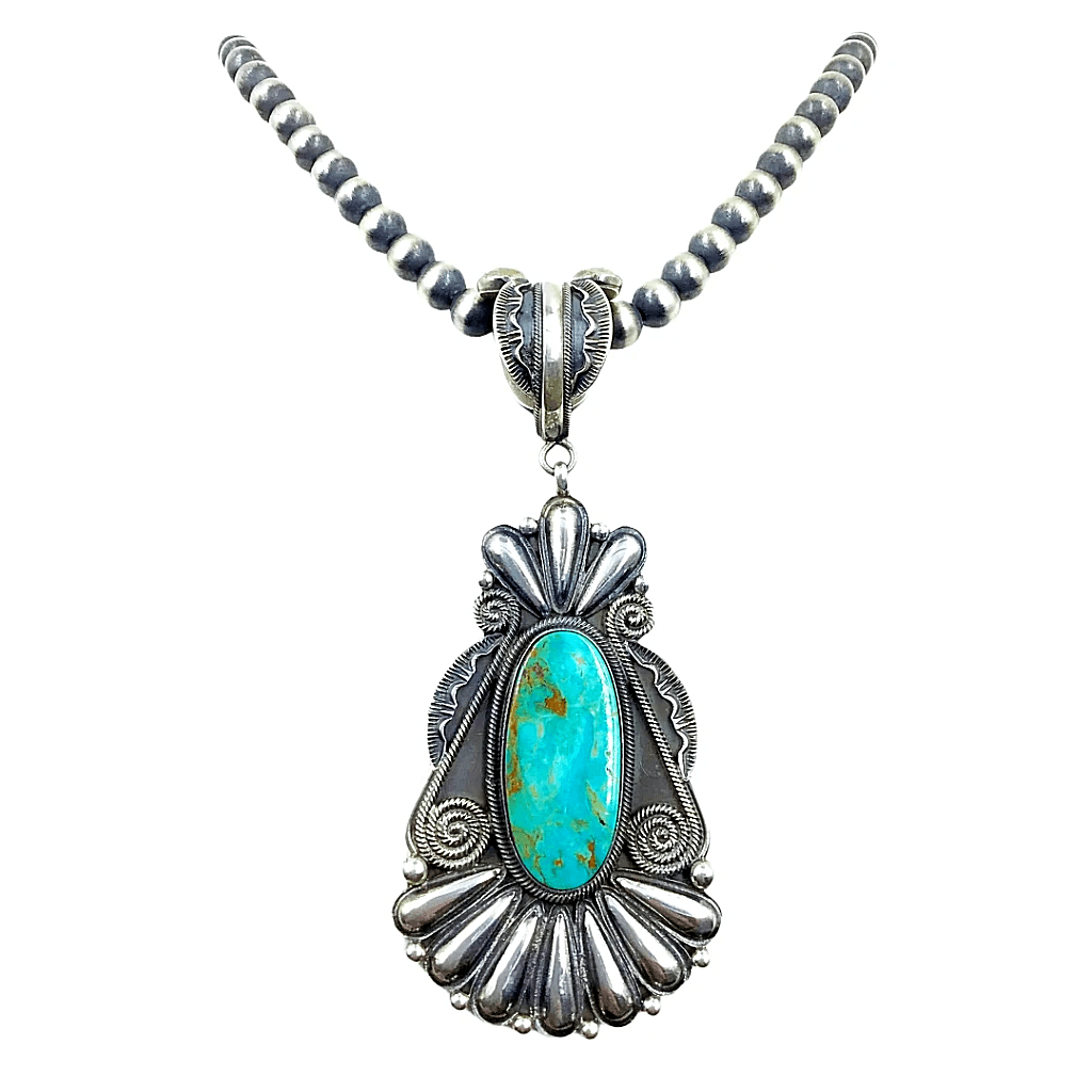 Item #1033Z- Navajo 7ct Blue Gem Turquoise Textured Dangle Spoons Sterling Silver  Beaded Necklace by EM Teller —Men's and Women's Turquoise Necklaces ~  Native American Necklaces
