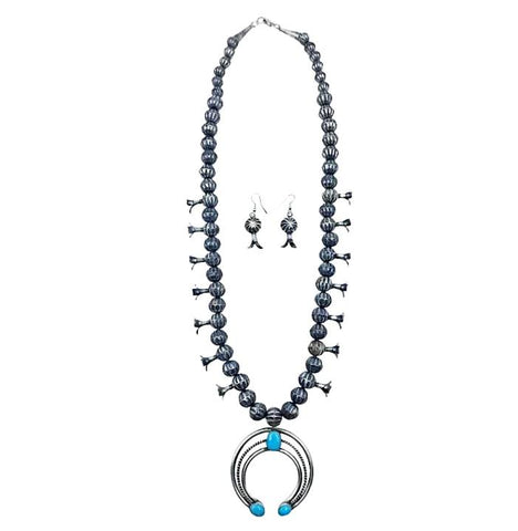 Image of Native American Necklaces & Pendants - Navajo Kingman Turquoise Oxidized Sterling Silver Squash Blossom Necklace Set - Leon Frances Kirlie