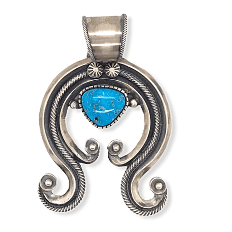 Image of Native American Necklaces & Pendants - Navajo Kingman Turquoise Squash Blossom Naja Pendant