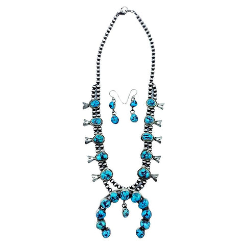 Image of Native American Necklaces & Pendants - Navajo Kingman Turquoise Squash Blossom Native American Necklace Set - Kathleen Chavez