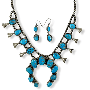 Native American Necklaces & Pendants - Navajo Kingman Turquoise Squash Blossom Necklace  -Ella Peters