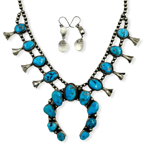 Image of Native American Necklaces & Pendants - Navajo Kingman Turquoise Squash Blossom Necklace  -Ella Peters