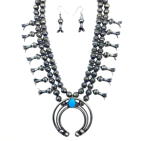 Image of Native American Necklaces & Pendants - Navajo Kingman Turquoise Squash Blossom Necklace Set - Leon Frances Kirlie