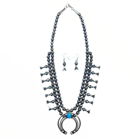 Image of Native American Necklaces & Pendants - Navajo Kingman Turquoise Squash Blossom Necklace Set - Leon Frances Kirlie