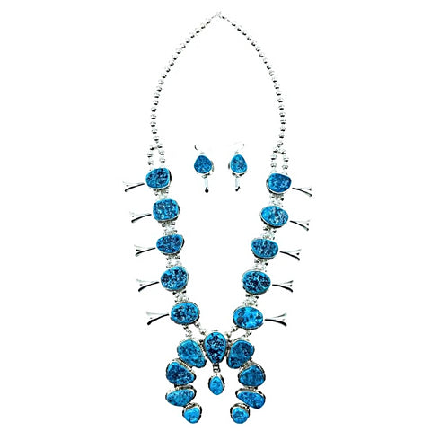 Image of Native American Necklaces & Pendants - Navajo Kingman Turquoise Squash Blossom Necklace Set - Samson Edsitty -Native American