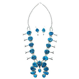 Native American Necklaces & Pendants - Navajo Kingman Turquoise Squash Blossom Necklace Set - Samson Edsitty -Native American