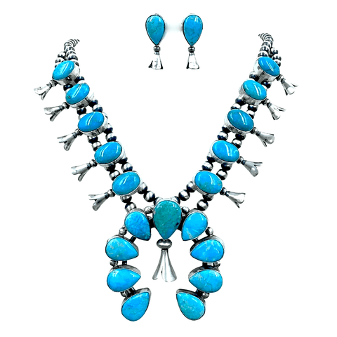 Image of Native American Necklaces & Pendants - Navajo Kingman Turquoise Squash Blossom Set - Lewis Silversmith - Native American