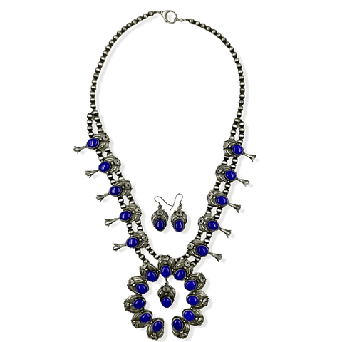 Image of Native American Necklaces & Pendants - Navajo Lapis Squash Blossom Necklace By Jimmy Lee