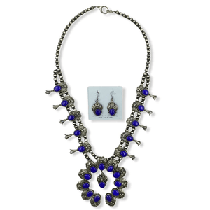 Native American Necklaces & Pendants - Navajo Lapis Squash Blossom Necklace By Jimmy Lee