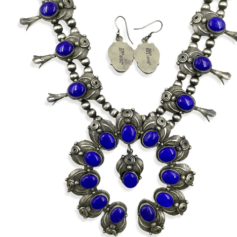 Image of Native American Necklaces & Pendants - Navajo Lapis Squash Blossom Necklace By Jimmy Lee