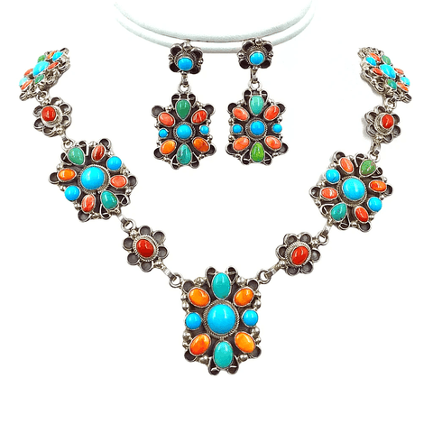 Image of Native American Necklaces & Pendants - Navajo Multi Stone Cluster Necklace Set - E. Spencer