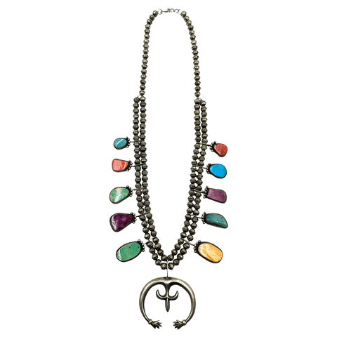 Image of Native American Necklaces & Pendants - Navajo Multi Stone Spiny Oyster & Turquoise Sterling Squash Blossom Necklace
