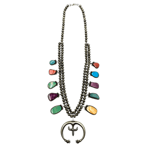 Native American Necklaces & Pendants - Navajo Multi Stone Spiny Oyster & Turquoise Sterling Squash Blossom Necklace