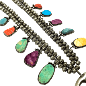 Native American Necklaces & Pendants - Navajo Multi Stone Spiny Oyster & Turquoise Sterling Squash Blossom Necklace