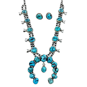 Native American Necklaces & Pendants - Navajo Native American Turquoise Squash Blossom Sterling Silver Wire Twist Accents Necklace Set - Kathleen Chavez