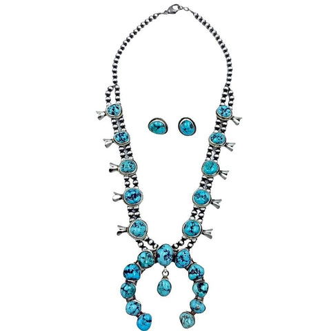 Image of Native American Necklaces & Pendants - Navajo Native American Turquoise Squash Blossom Sterling Silver Wire Twist Accents Necklace Set - Kathleen Chavez