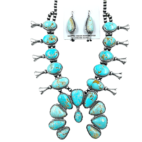 Image of Native American Necklaces & Pendants - Navajo Number 8 Turquoise Teardrop And Oval Squash Blossom Set - Samson Edsitty