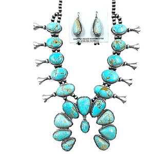 Native American Necklaces & Pendants - Navajo Number 8 Turquoise Teardrop And Oval Squash Blossom Set - Samson Edsitty