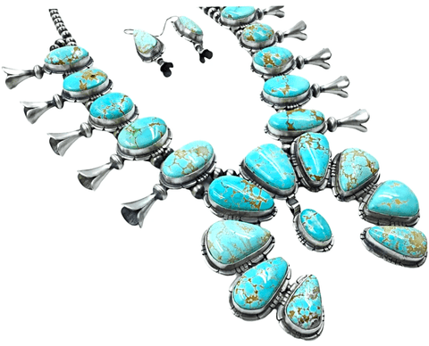 Image of Native American Necklaces & Pendants - Navajo Number 8 Turquoise Teardrop And Oval Squash Blossom Set - Samson Edsitty