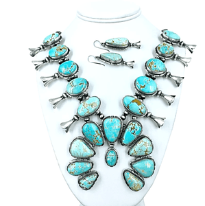 Native American Necklaces & Pendants - Navajo Number 8 Turquoise Teardrop And Oval Squash Blossom Set - Samson Edsitty
