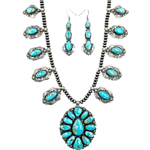 Image of Native American Necklaces & Pendants - Navajo Oval Kingman Turquoise Necklace Set -Oxidized Silver