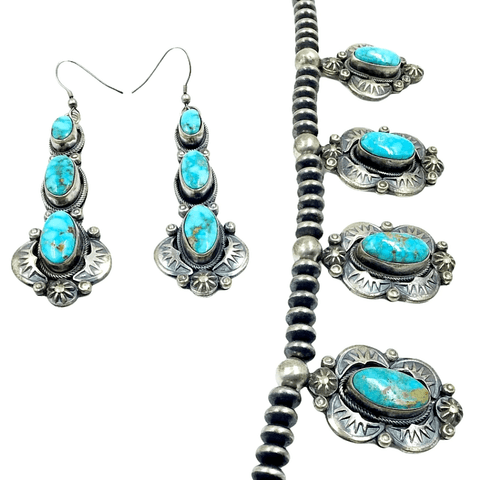 Image of Native American Necklaces & Pendants - Navajo Oval Kingman Turquoise Necklace Set -Oxidized Silver