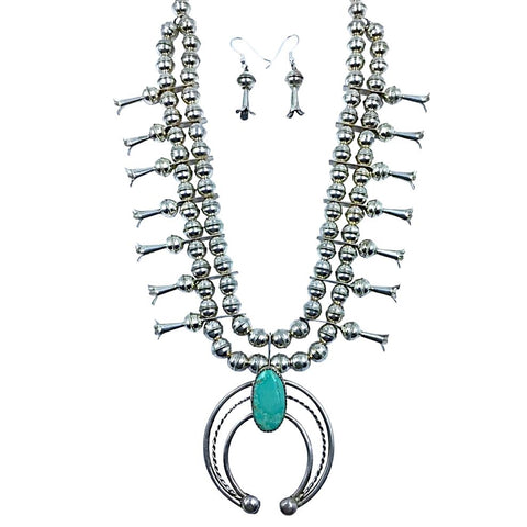 Image of Native American Necklaces & Pendants - Navajo Oval Royston Turquoise Squash Blossom Necklace Set - Phil & Lenore Garcia