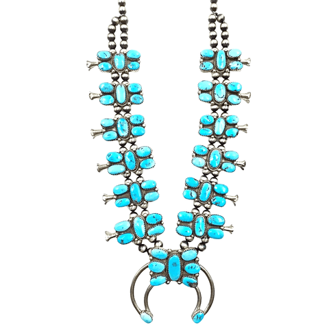Image of Native American Necklaces & Pendants - Navajo Pawn Abstract Turquoise Butterfly Squash Blossom Necklace