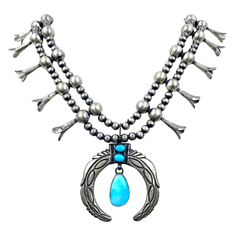 Image of Native American Necklaces & Pendants - Navajo Pawn Dangle Kingman Turquoise Squash Blossom Necklace