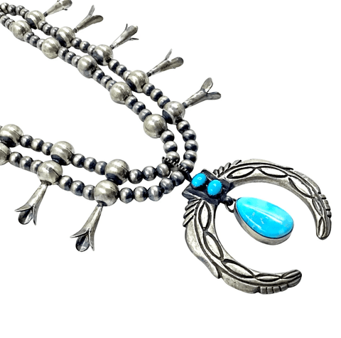 Image of Native American Necklaces & Pendants - Navajo Pawn Dangle Kingman Turquoise Squash Blossom Necklace