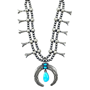 Native American Necklaces & Pendants - Navajo Pawn Dangle Kingman Turquoise Squash Blossom Necklace