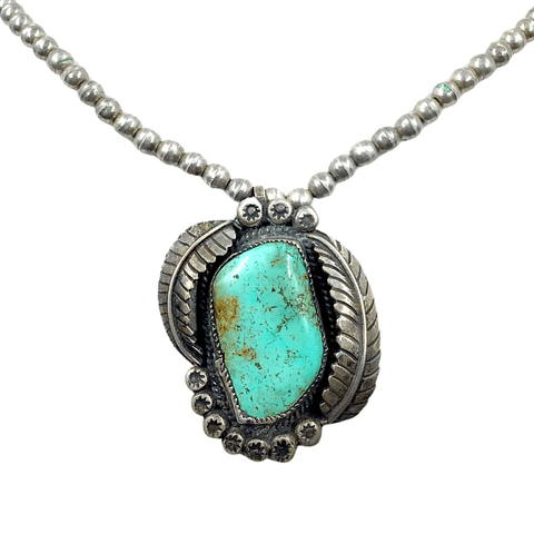 Image of Native American Necklaces & Pendants - Navajo Pawn Turquoise Feather Sterling Silver Necklace