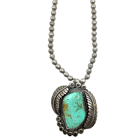 Image of Native American Necklaces & Pendants - Navajo Pawn Turquoise Feather Sterling Silver Necklace