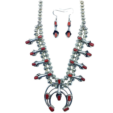 Image of Native American Necklaces & Pendants - Navajo Petit Size Red Coral Squash Blossom Necklace Set - Phil & Lenore Garcia